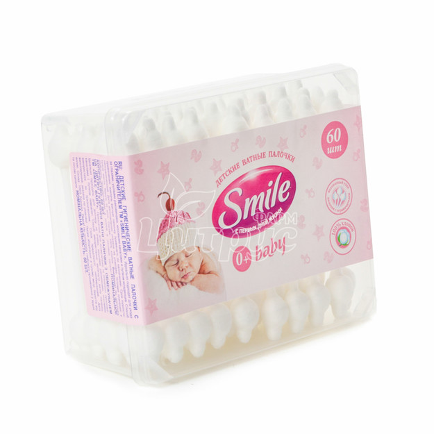 Ватні палички Смайл бебі (Smile baby) для новонароджених квадратний контейнер 60 штук