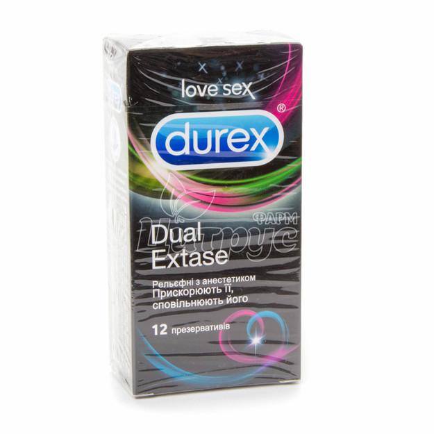 Презервативи Дюрекс (Durex) Дуал Екстаз (Dual Extase) рельєфні з анестетиком 12 штук