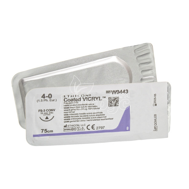 Шовний матеріал Вікрил (Vicril) 4/0 ріжуча голка 16мм 3/8 кола фіолетовий довжина нитки 75 см (W9443)