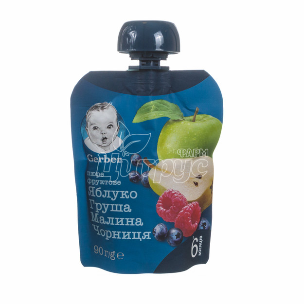 Пюре дитяче Гербер (Gerber) фруктове яблуко груша малина і чорниця з 6 місяців 90 г