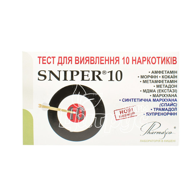 Тест діагностичний Снайпер (Sniper 10) для визначення наркотиків у сечі (AMP, MOR, COC, MET, MTD, MDMA, THC, K2, TRA, BUP)