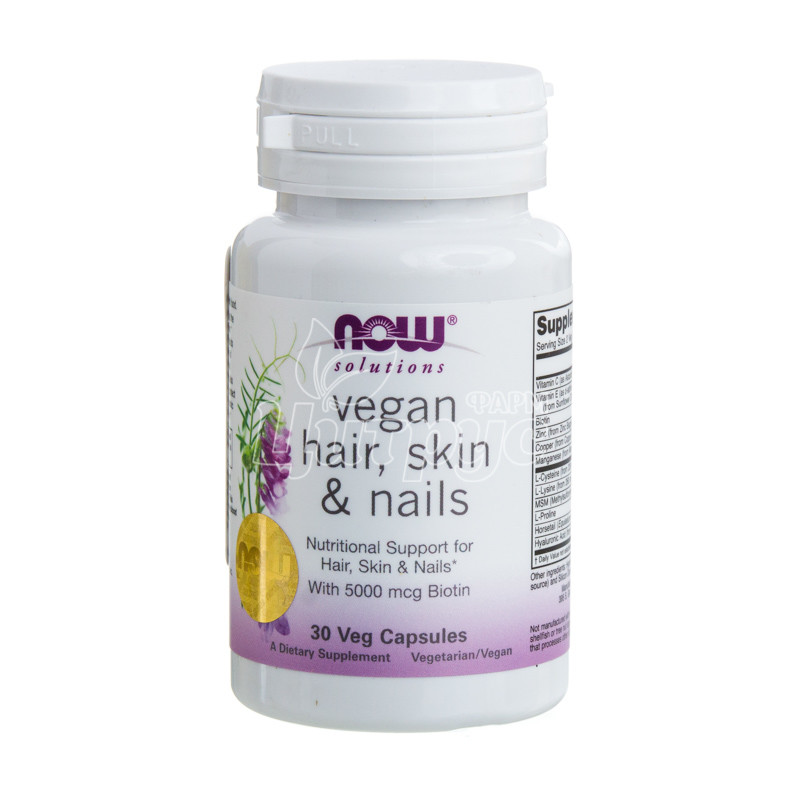 фото 1-1/Веган Хаир, Скін, Нелс 30 штук Нау Фудс (Vegan Hair, Skin, Nails Now Foods) Волосся, шкіра, нігті капсули вегетеріанські