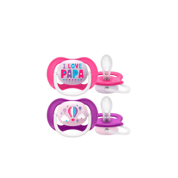 Соска-пустушка Філіпс Авент  ультра  ейр  ай лав (Philips Avent Utra air I love ) силіконова ортопедична для дівчаток 6-18 місяців 2 штуки SCF080/04