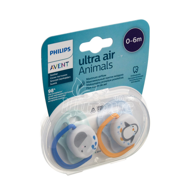 Соска пустишка Філіпс Авент ультра аїр Енімал (Philips Avent Utra air Animal) силіконова ортопедична для дівчаток 0-6 місяців 2 штуки SCF080 / 06