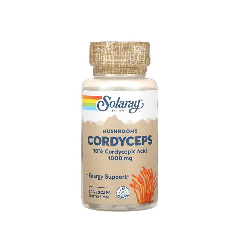 фото 1-1/Соларей (Solaray) Кордицепс органічний ферментований 1000 мг 60 штук (Cordyceps Mushroom Extract) веганські капсули 