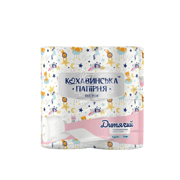 Папір туалетний Кохавинська папірня Дитячий 3-шаровий на гільзі 19,55 м 170 4 штуки