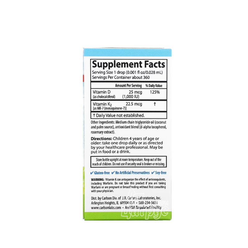 фото 1-3/Вітамін Д3+K2 для дітей краплі 10 мл Карлсон (Carlson Super Daily D3+K2) 