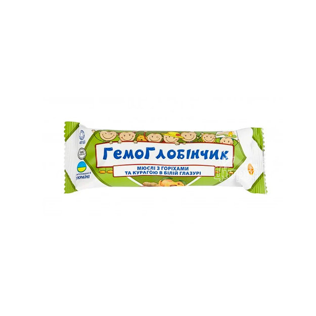 Гемоглобінчик мюслі з горіхом та курагою в білій глазурі 40 г