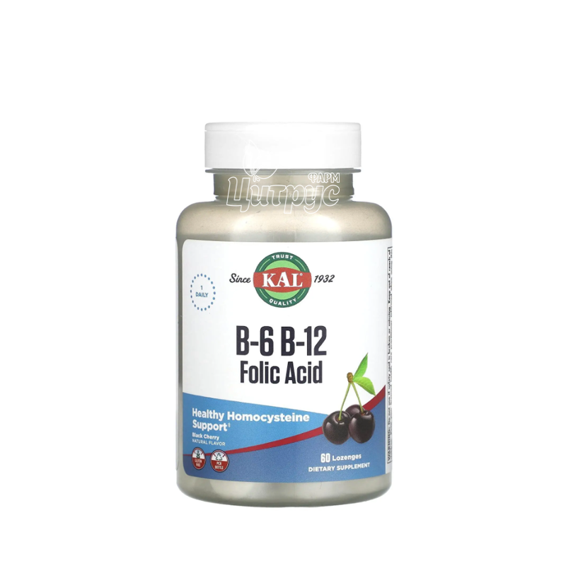 фото 1-1/Вітаміни КЕЛ (KAL) B-6, B-12 та фолієва кислота 60 штук (B6, B12 Folic Acid) льодяники зі смаком вишні